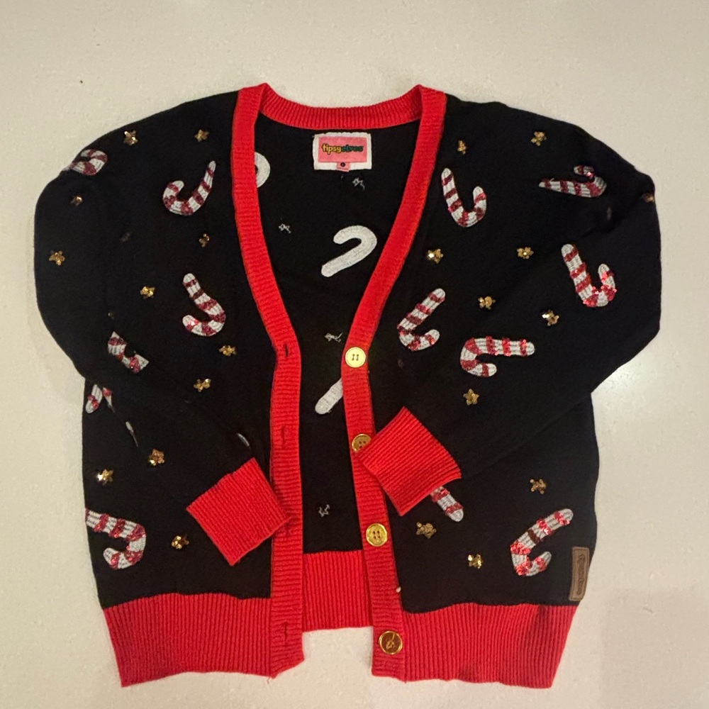 Tipsy Elves Sequin candy cane holiday Christmas Black/Red cardigan Sweater L